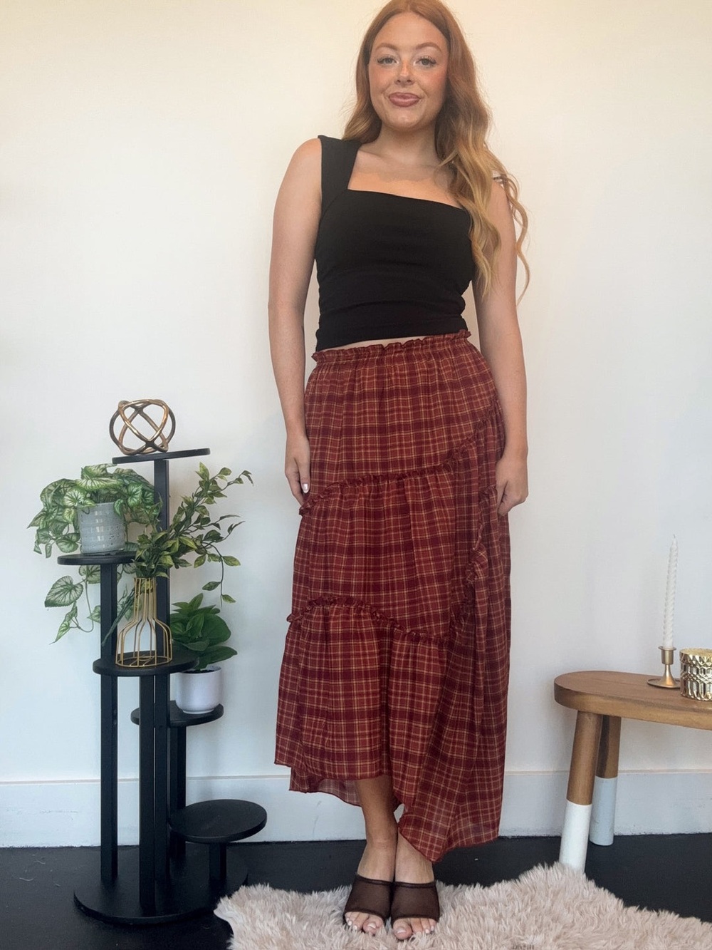 Blu Pepper Plaid Asymmetrical Tiered Skirt - Burnt Red